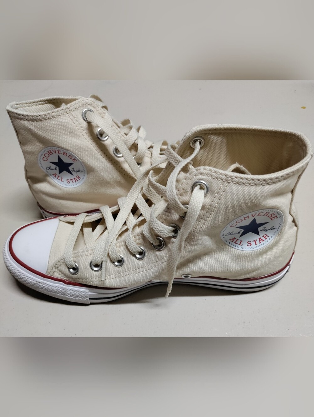 Converse High-Top Sneakers in Cream and White with Red Trim